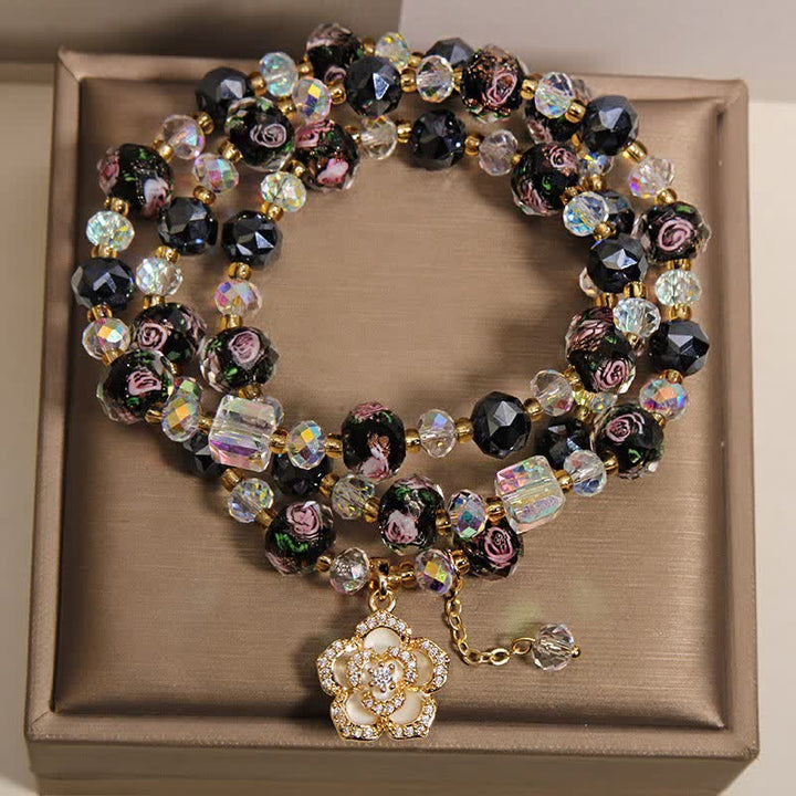 Buddha Stones Black Liu Li Glass Bead Flower Camellia Charm Harmonic Connection Bracelet