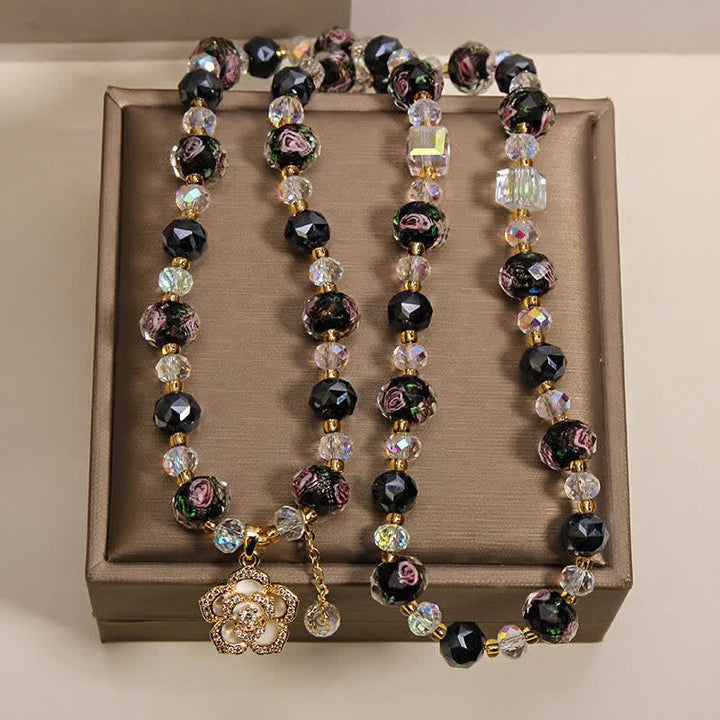 Buddha Stones Black Liu Li Glass Bead Flower Camellia Charm Harmonic Connection Bracelet