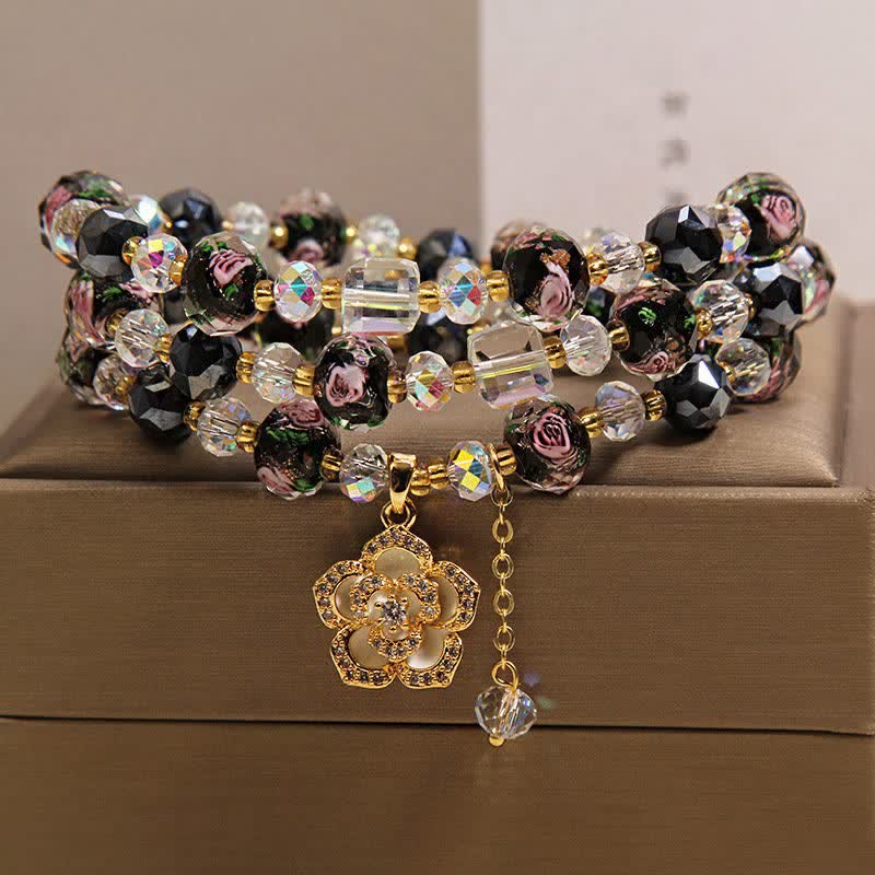 Buddha Stones Black Liu Li Glass Bead Flower Camellia Charm Harmonic Connection Bracelet