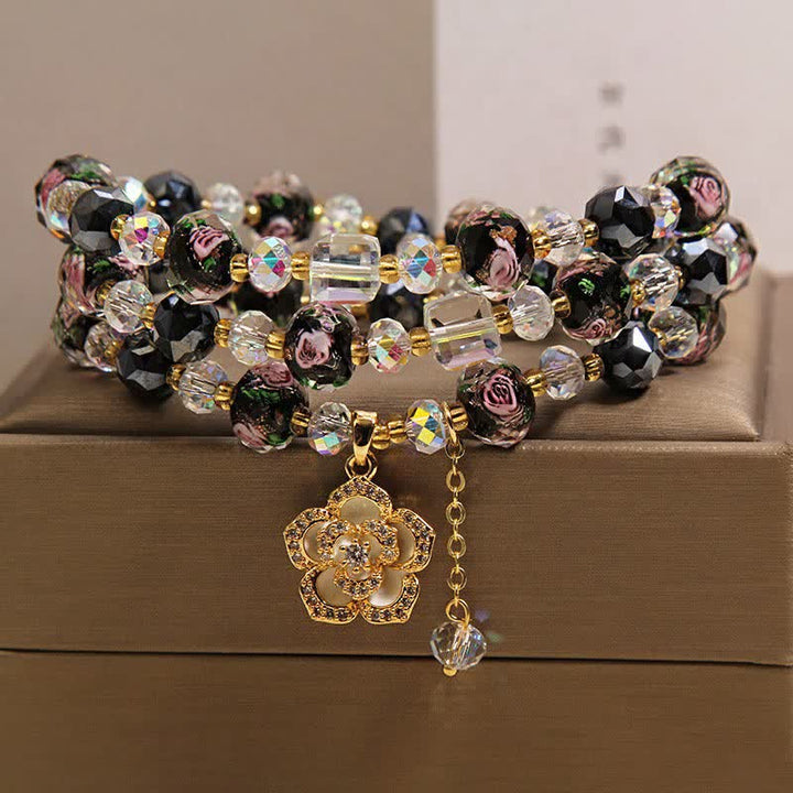 Buddha Stones Black Liu Li Glass Bead Flower Camellia Charm Harmonic Connection Bracelet
