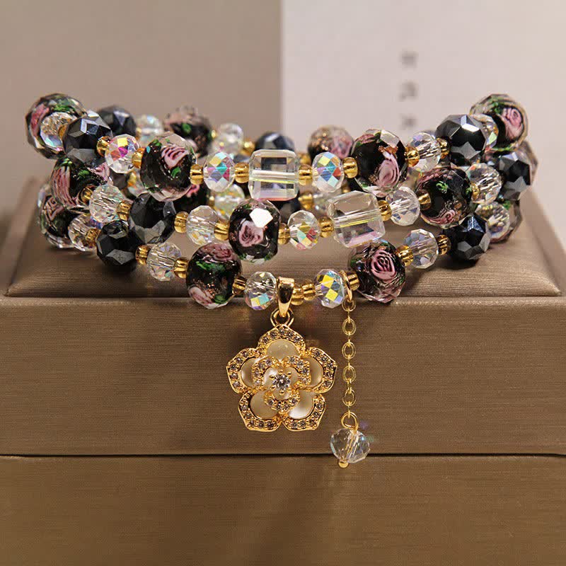 Buddha Stones Black Liu Li Glass Bead Flower Camellia Charm Harmonic Connection Bracelet