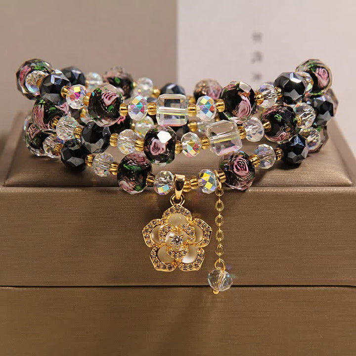 Buddha Stones Black Liu Li Glass Bead Flower Camellia Charm Harmonic Connection Bracelet