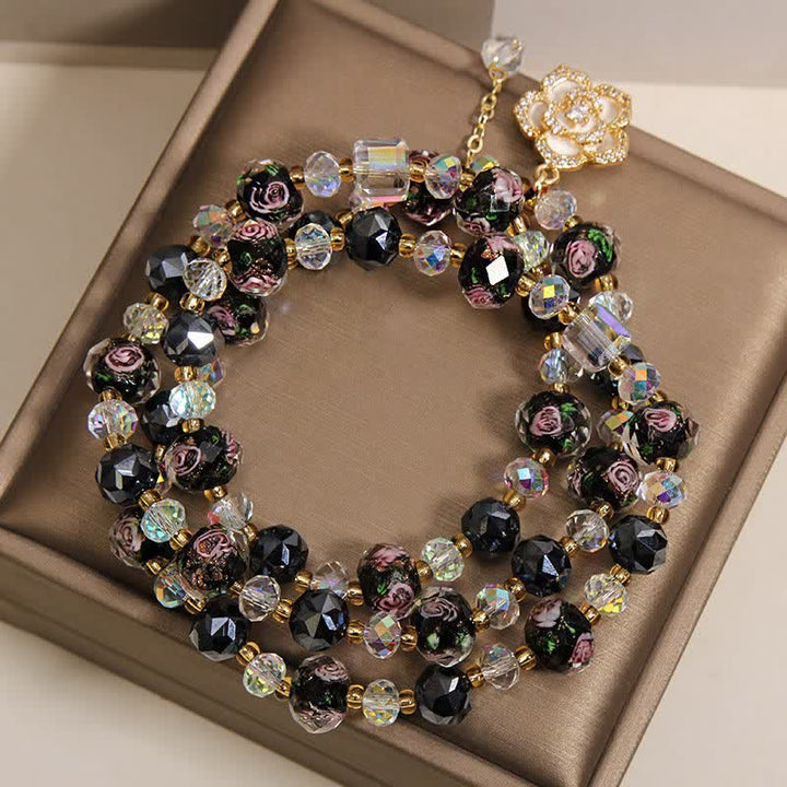 Buddha Stones Black Liu Li Glass Bead Flower Camellia Charm Harmonic Connection Bracelet