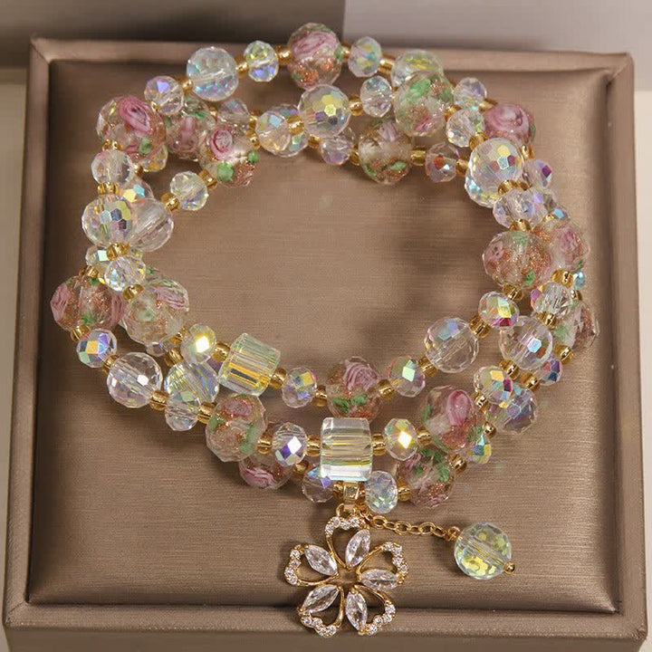 Buddha Stones White Liuli Glass Bead Rose Garden Triple Wrap Floral Charm Bracelet