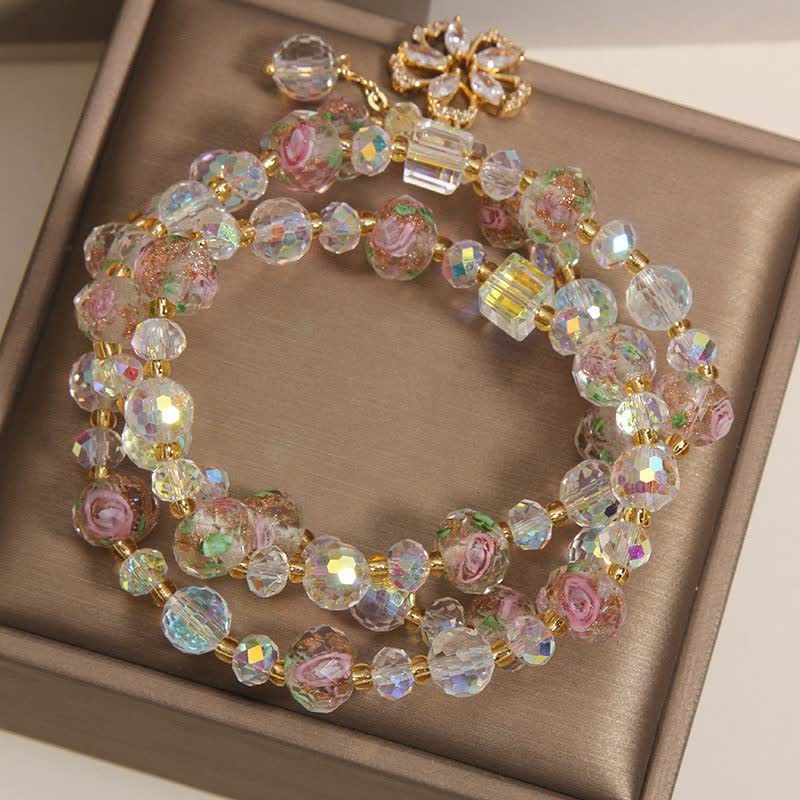 Buddha Stones White Liuli Glass Bead Rose Garden Triple Wrap Floral Charm Bracelet