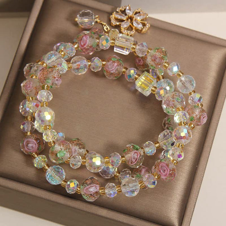 Buddha Stones White Liuli Glass Bead Rose Garden Triple Wrap Floral Charm Bracelet