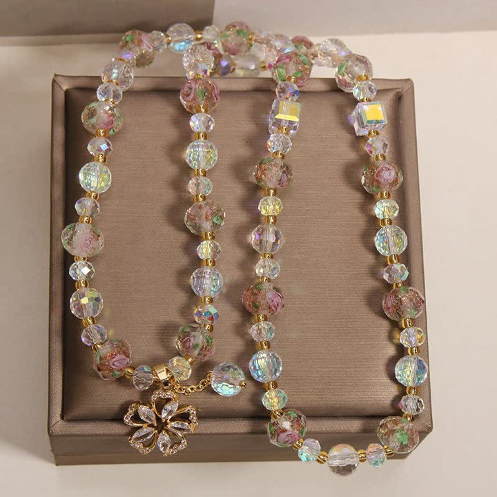 Buddha Stones White Liuli Glass Bead Rose Garden Triple Wrap Floral Charm Bracelet