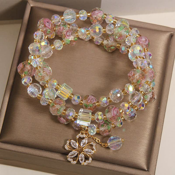 Buddha Stones White Liuli Glass Bead Rose Garden Triple Wrap Floral Charm Bracelet