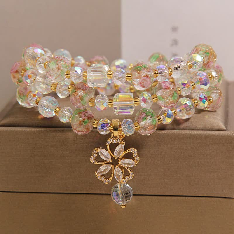 Buddha Stones White Liuli Glass Bead Rose Garden Triple Wrap Floral Charm Bracelet