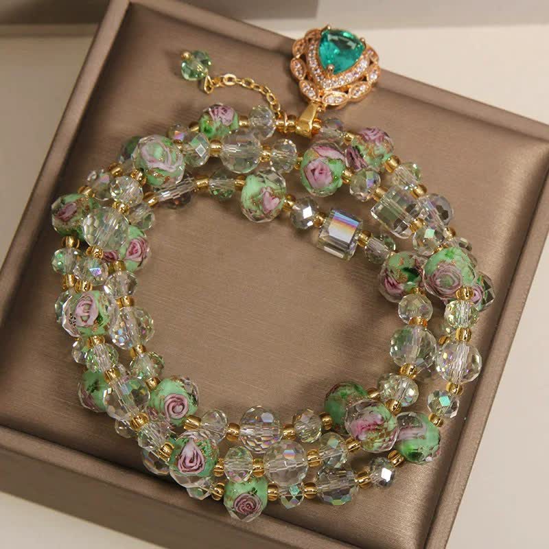Buddha Stones Golden Liuli Glass Rose Garden Teardrop Energy Triple Wrap Bracelet
