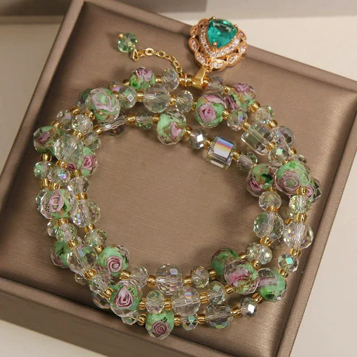 Buddha Stones Golden Liuli Glass Rose Garden Teardrop Energy Triple Wrap Bracelet