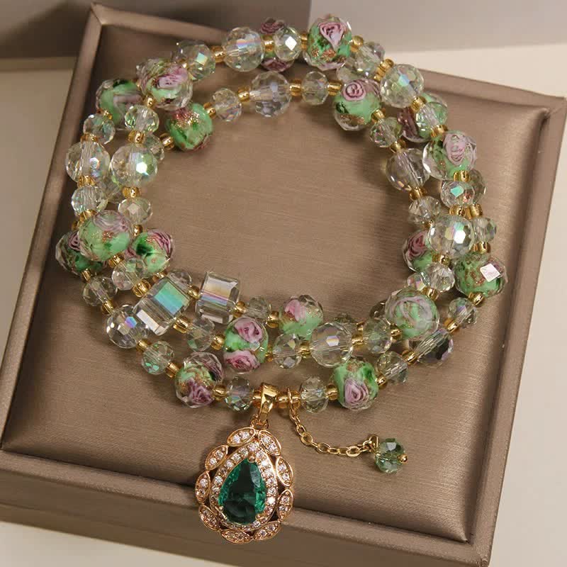 Buddha Stones Golden Liuli Glass Rose Garden Teardrop Energy Triple Wrap Bracelet
