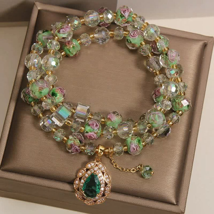 Buddha Stones Golden Liuli Glass Rose Garden Teardrop Energy Triple Wrap Bracelet