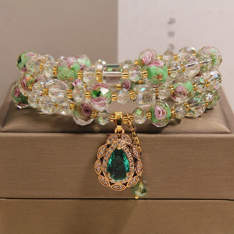 Buddha Stones Golden Liuli Glass Rose Garden Teardrop Energy Triple Wrap Bracelet