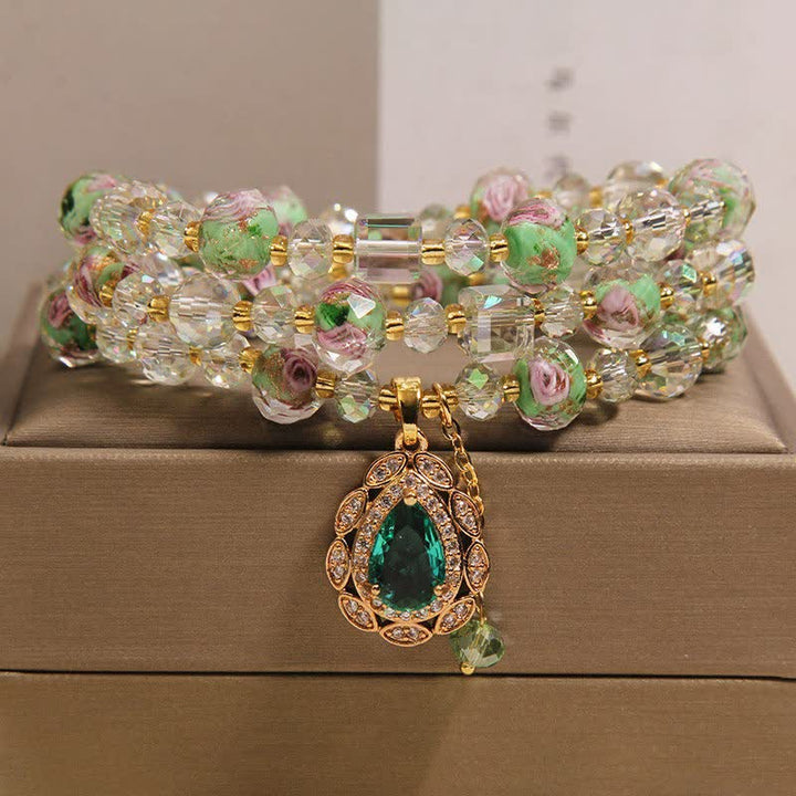 Buddha Stones Golden Liuli Glass Rose Garden Teardrop Energy Triple Wrap Bracelet