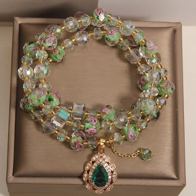 Buddha Stones Golden Liuli Glass Rose Garden Teardrop Energy Triple Wrap Bracelet
