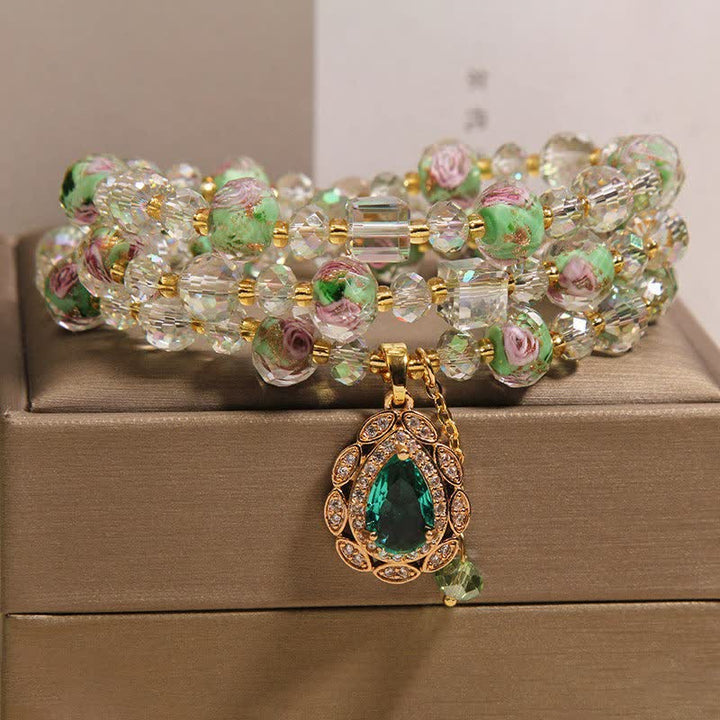 Buddha Stones Golden Liuli Glass Rose Garden Teardrop Energy Triple Wrap Bracelet