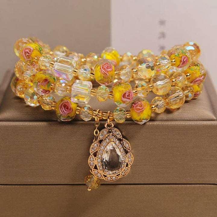 Buddha Stones Golden Liuli Glass Rose Garden Teardrop Energy Triple Wrap Bracelet