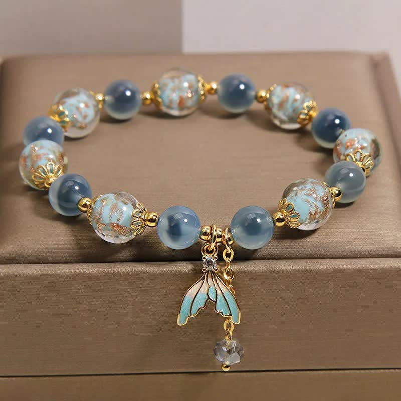 Buddha Stones Blue Candy Agate Liuli Glass Bead Fish Tail Charm Emotional Balance Bracelet