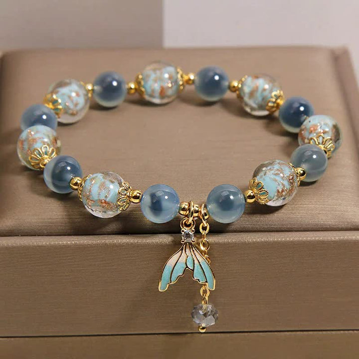 Buddha Stones Blue Candy Agate Liuli Glass Bead Fish Tail Charm Emotional Balance Bracelet