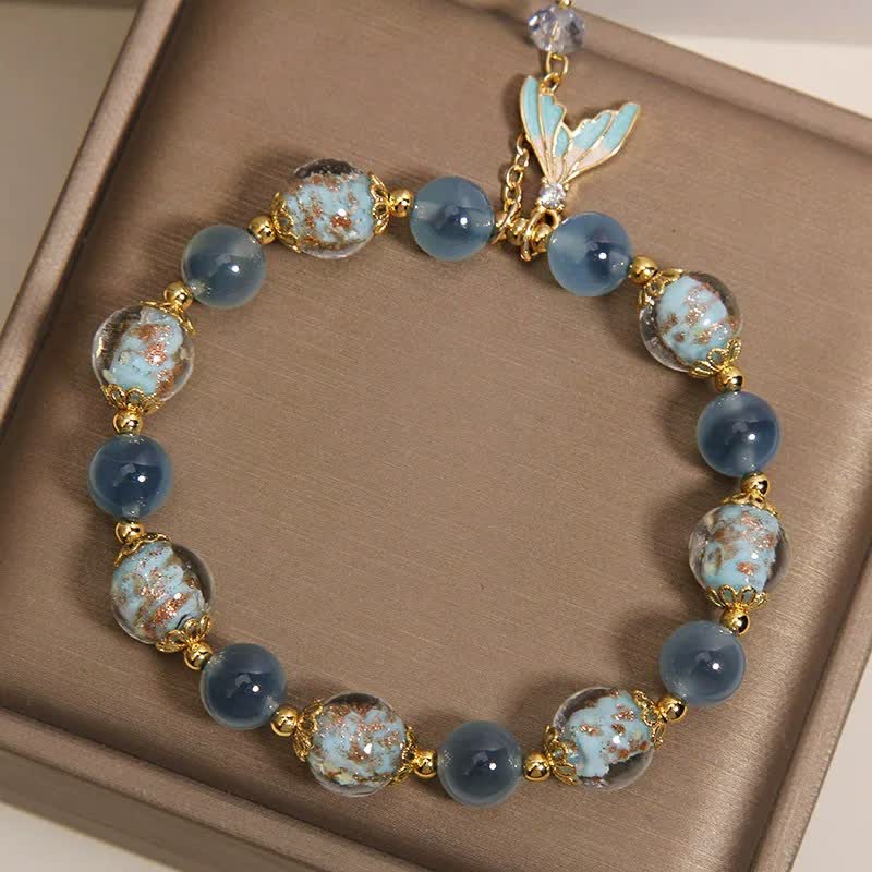 Buddha Stones Blue Candy Agate Liuli Glass Bead Fish Tail Charm Emotional Balance Bracelet
