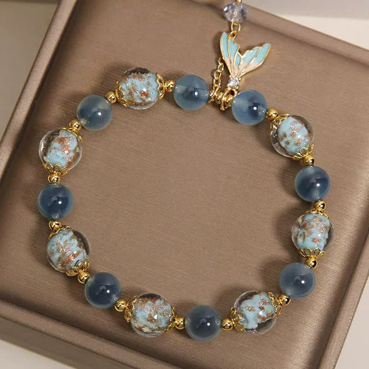 Buddha Stones Blue Candy Agate Liuli Glass Bead Fish Tail Charm Emotional Balance Bracelet