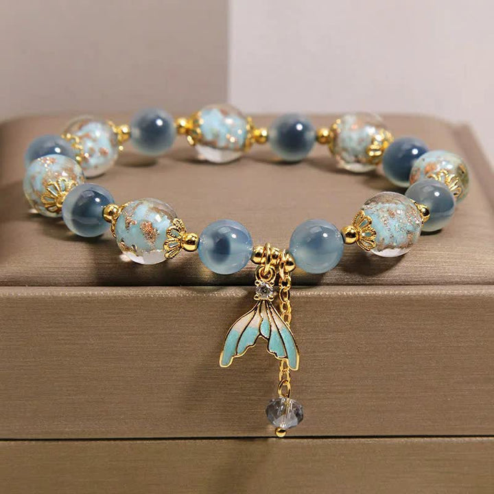 Buddha Stones Blue Candy Agate Liuli Glass Bead Fish Tail Charm Emotional Balance Bracelet