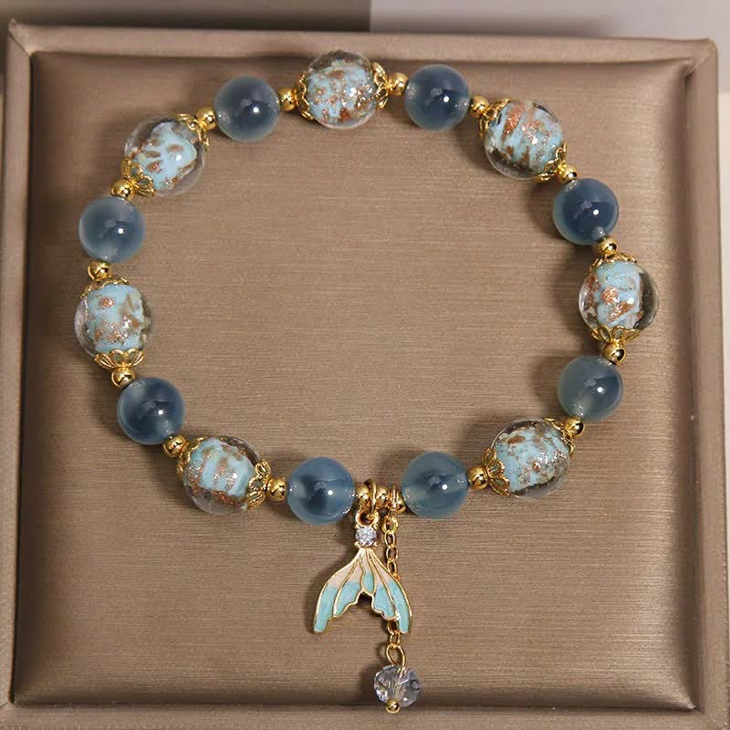 Buddha Stones Blue Candy Agate Liuli Glass Bead Fish Tail Charm Emotional Balance Bracelet