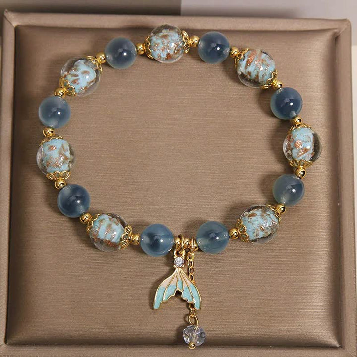 Buddha Stones Blue Candy Agate Liuli Glass Bead Fish Tail Charm Emotional Balance Bracelet