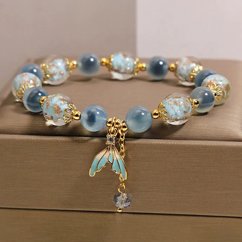Buddha Stones Blue Candy Agate Liuli Glass Bead Fish Tail Charm Emotional Balance Bracelet
