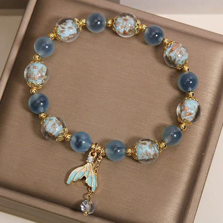 Buddha Stones Blue Candy Agate Liuli Glass Bead Fish Tail Charm Emotional Balance Bracelet