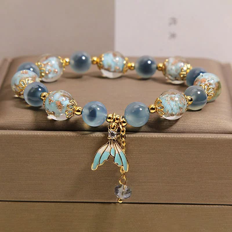 Buddha Stones Blue Candy Agate Liuli Glass Bead Fish Tail Charm Emotional Balance Bracelet