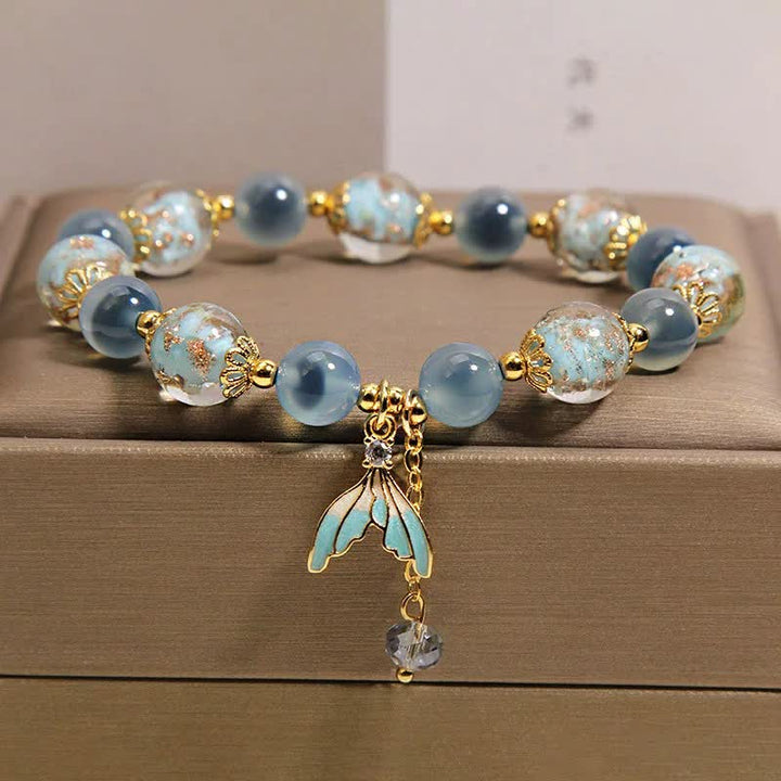 Buddha Stones Blue Candy Agate Liuli Glass Bead Fish Tail Charm Emotional Balance Bracelet