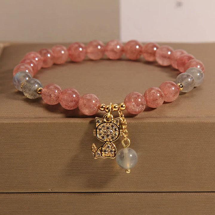 Buddha Stones Strawberry Quartz Moonstone Cat Charm Love Bracelet