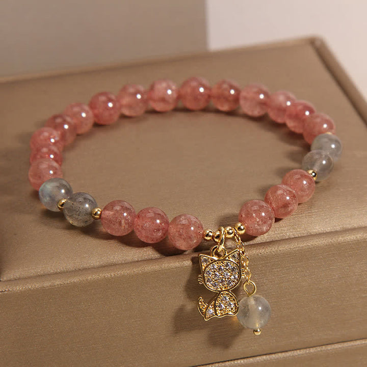 Buddha Stones Strawberry Quartz Moonstone Cat Charm Love Bracelet