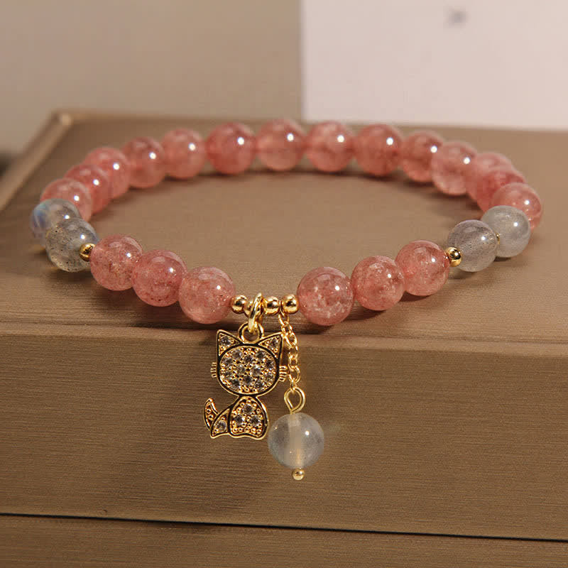 Buddha Stones Strawberry Quartz Moonstone Cat Charm Love Bracelet