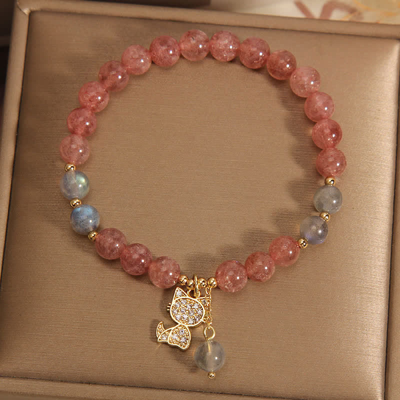 Buddha Stones Strawberry Quartz Moonstone Cat Charm Love Bracelet