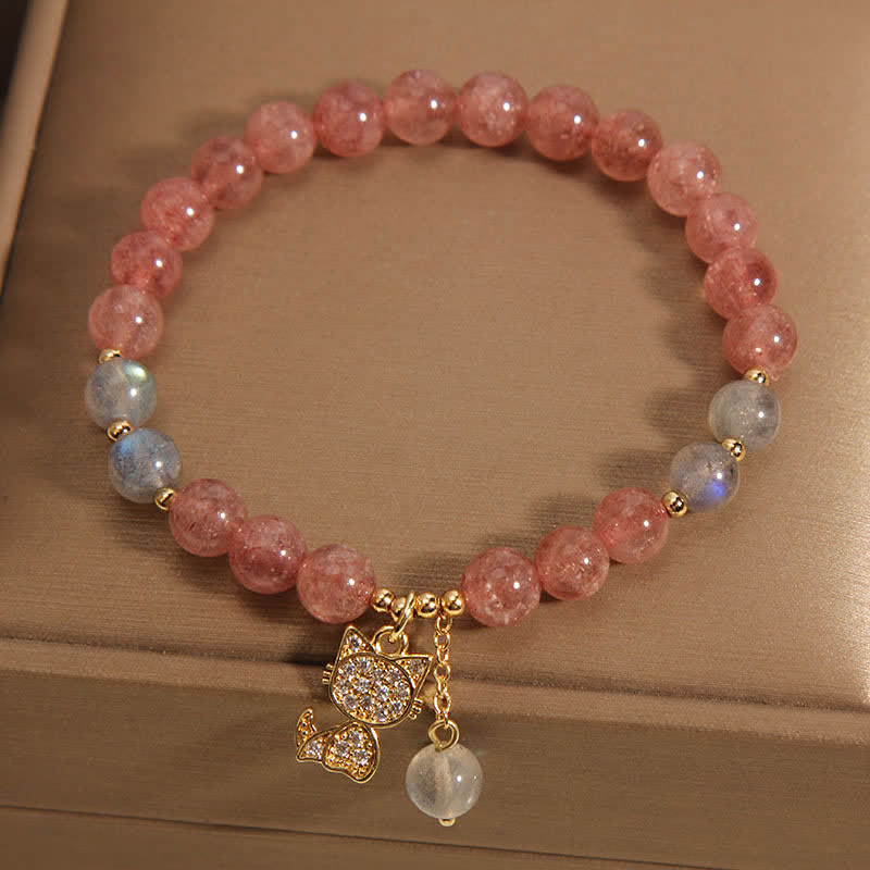 Buddha Stones Strawberry Quartz Moonstone Cat Charm Love Bracelet
