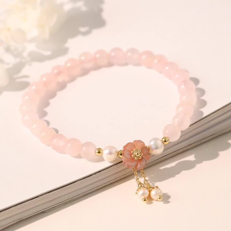 Buddha Stones Rose Quartz Pearl Flower Charm Love Bracelet