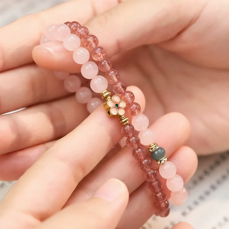 Buddha Stones Natural Strawberry Quartz Rose Quartz Peach Blossom Love Double-wrap Bracelet