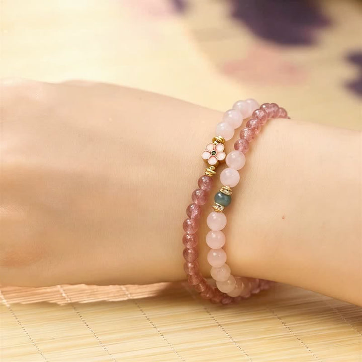Buddha Stones Natural Strawberry Quartz Rose Quartz Peach Blossom Love Double-wrap Bracelet