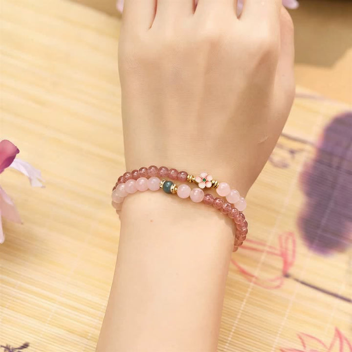 Buddha Stones Natural Strawberry Quartz Rose Quartz Peach Blossom Love Double-wrap Bracelet