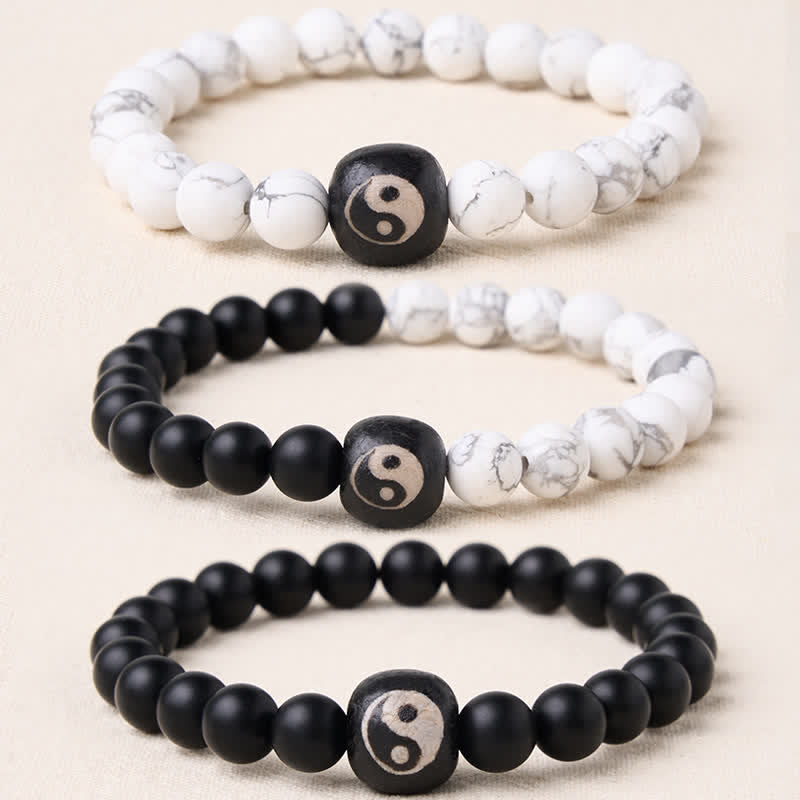 Buddha Stones Black Onyx White Turquoise Yin Yang Balance Round Bead Bracelet