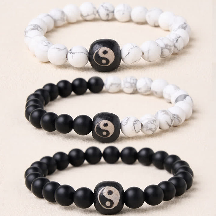 Buddha Stones Black Onyx White Turquoise Yin Yang Balance Round Bead Bracelet