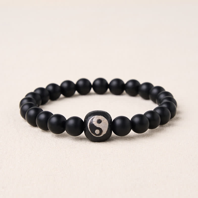 Buddha Stones Black Onyx White Turquoise Yin Yang Balance Round Bead Bracelet