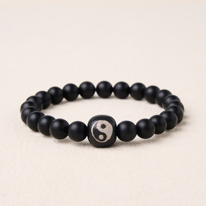 Buddha Stones Black Onyx White Turquoise Yin Yang Balance Round Bead Bracelet