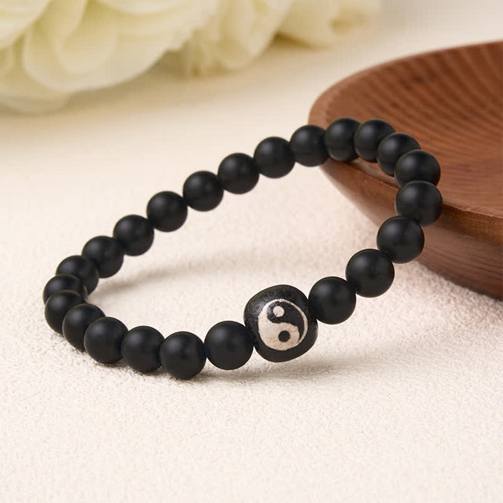 Buddha Stones Black Onyx White Turquoise Yin Yang Balance Round Bead Bracelet