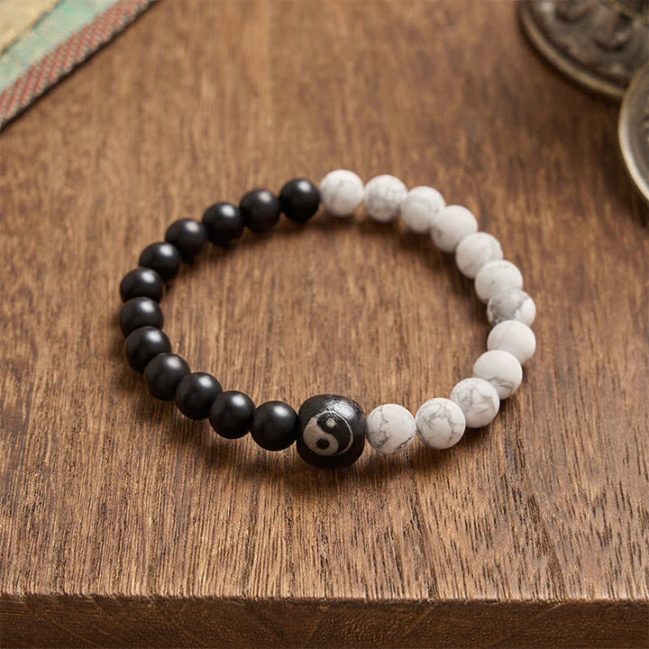 Buddha Stones Black Onyx White Turquoise Yin Yang Balance Round Bead Bracelet