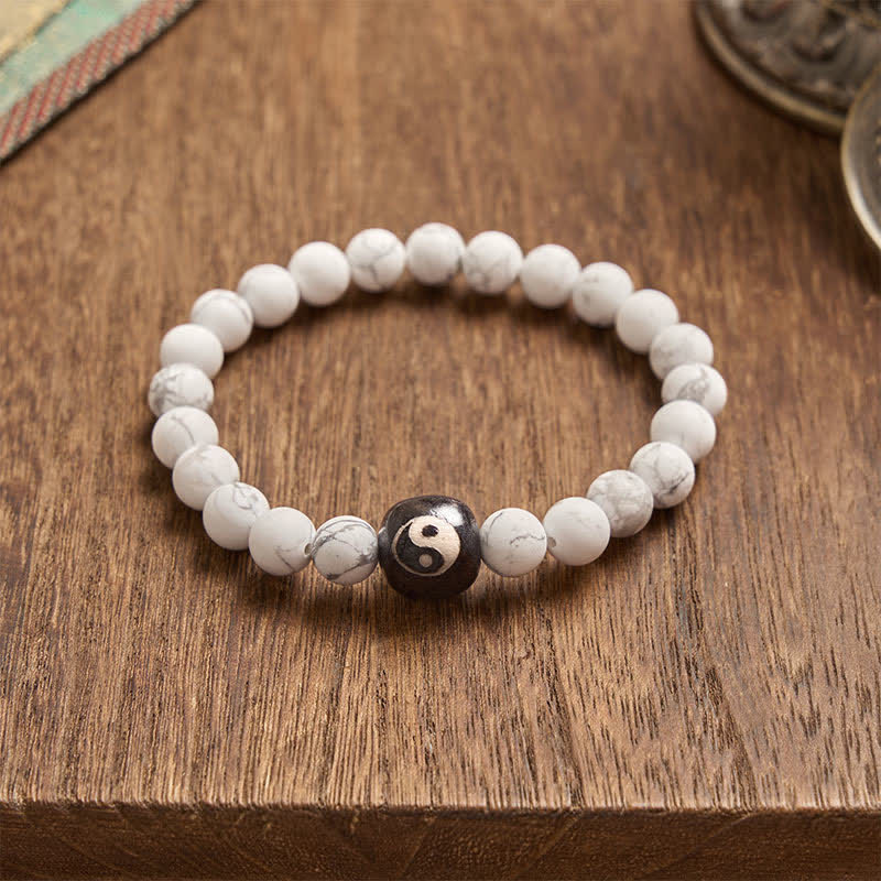Buddha Stones Black Onyx White Turquoise Yin Yang Balance Round Bead Bracelet