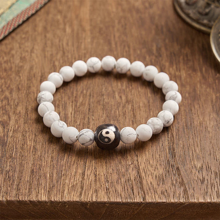 Buddha Stones Black Onyx White Turquoise Yin Yang Balance Round Bead Bracelet